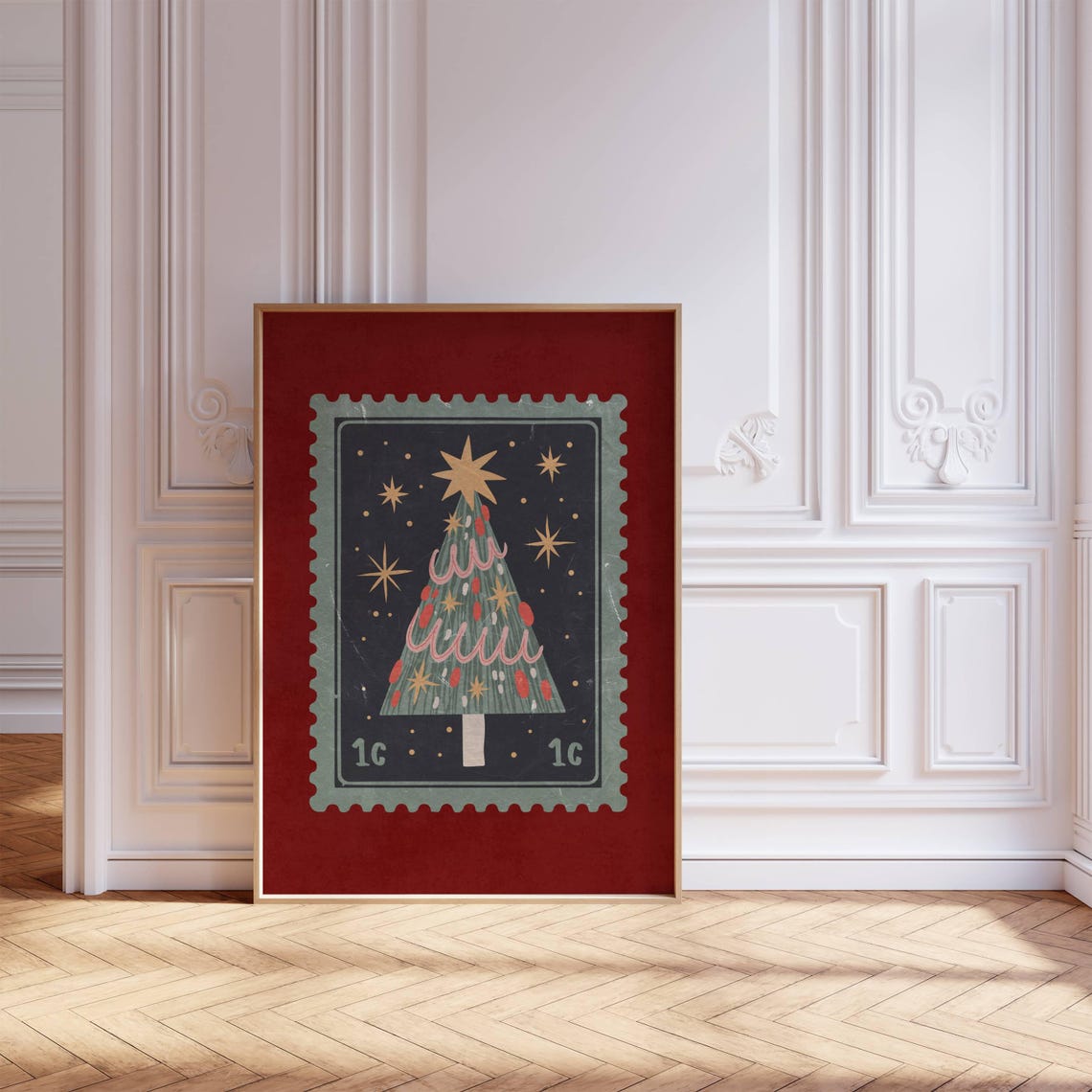 Vintage Christmas Tree Postage Stamp Art Red Retro Holiday Poster - Image 8