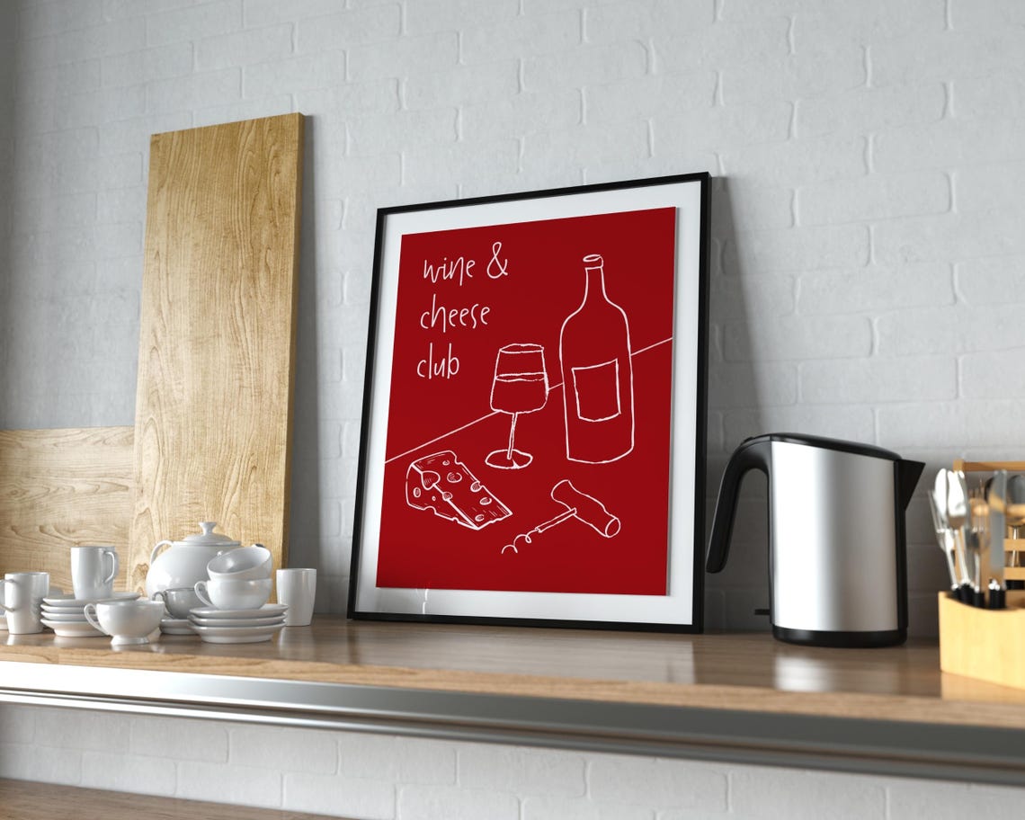 Wine and Cheese Club Red Line Art Minimalist Modern Kitchen Poster - Image 3