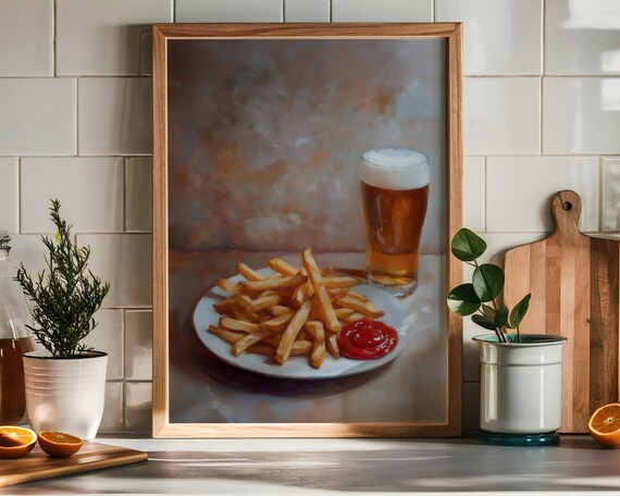 French Fries Beer Ketchup Oil Painting Style Food Still Life Poster