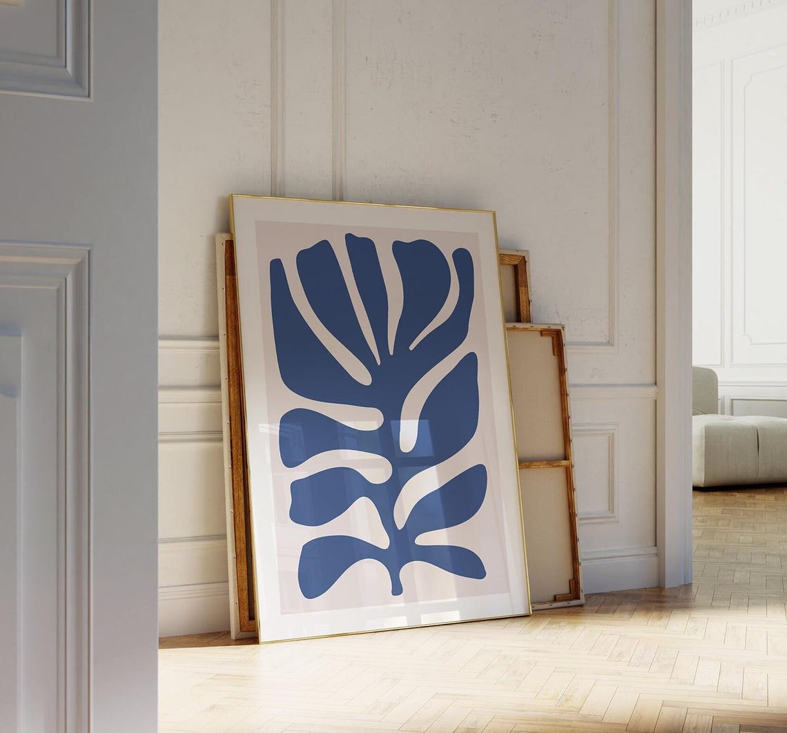 Navy Blue Abstract Leaf Cutout Minimal Botanical Decor Poster