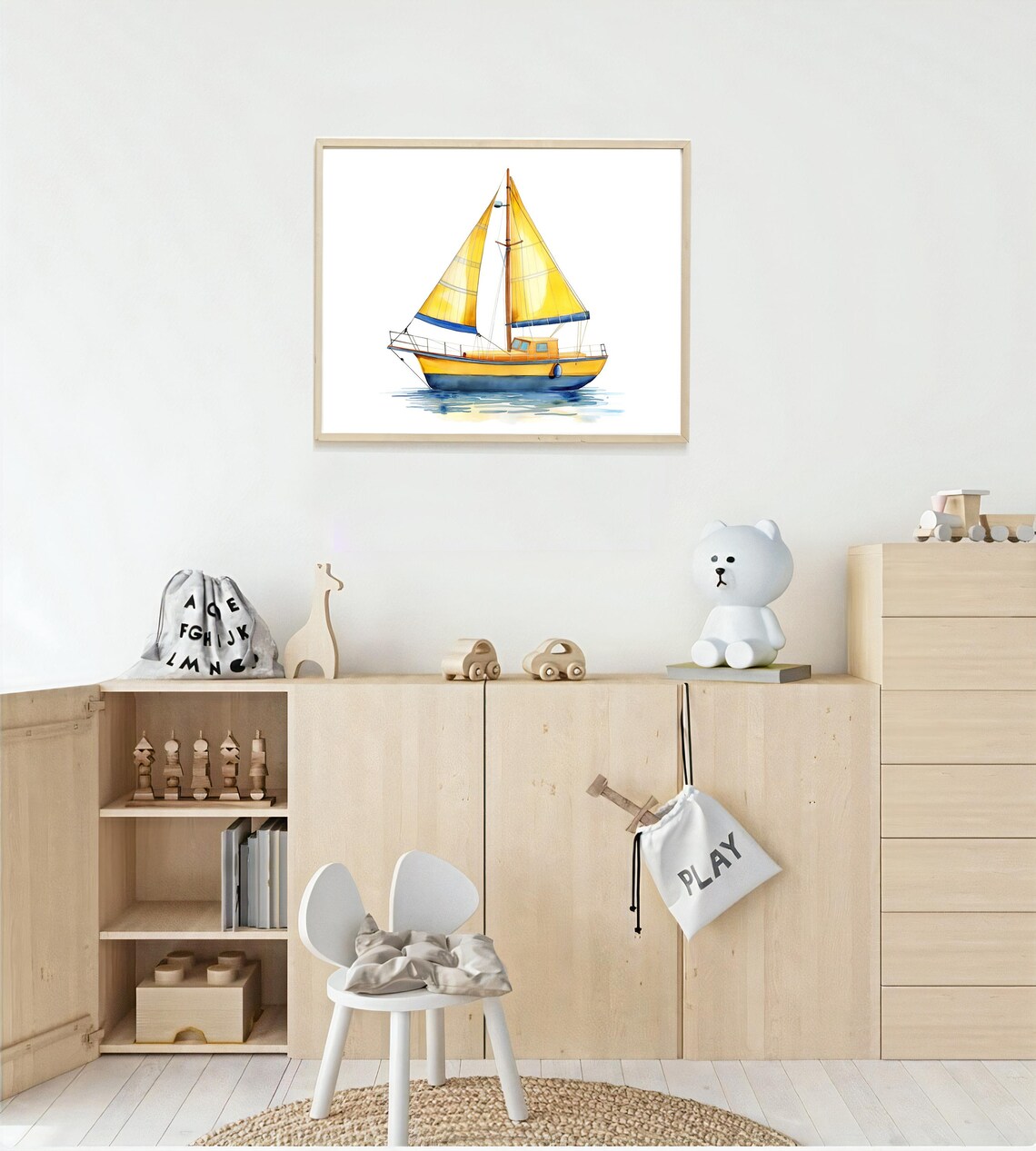 Yellow Sailboat With Golden Sails On Calm Water Nautical Art Poster - Image 3