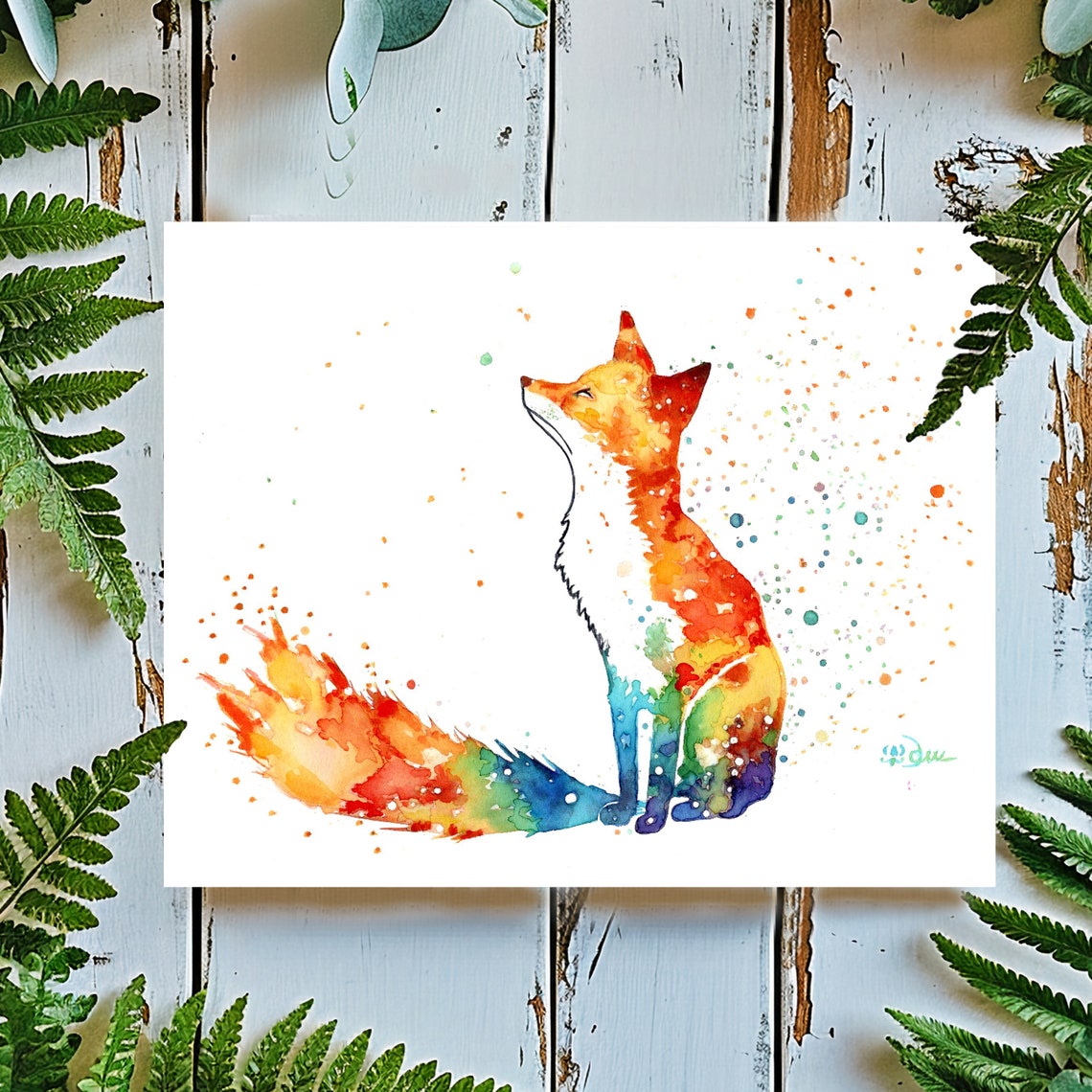 Rainbow Watercolor Fox Sitting Among Paint Splashes Woodland Poster - Image 2