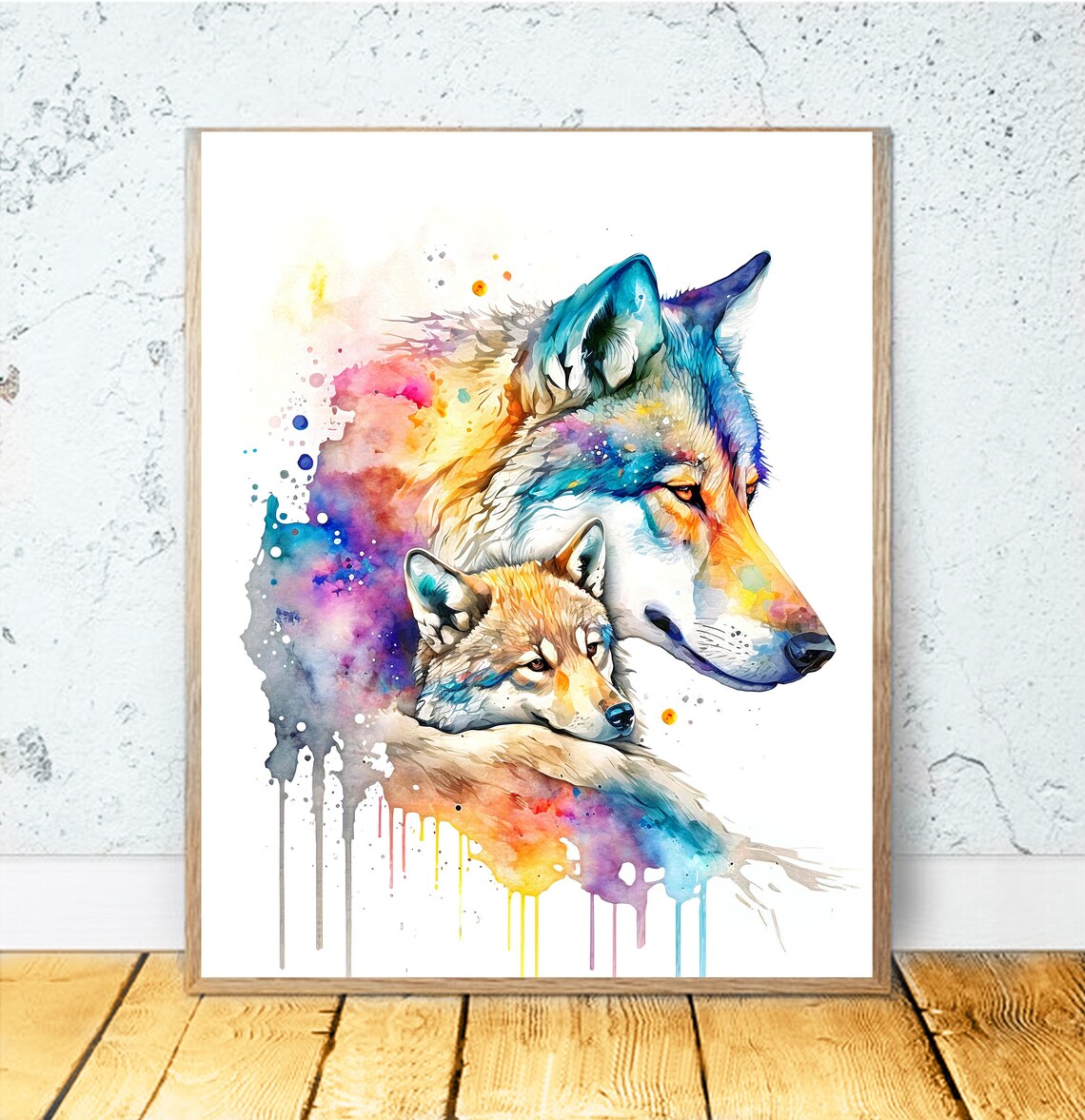 Mother Wolf And Baby Wolf Watercolor Art Print