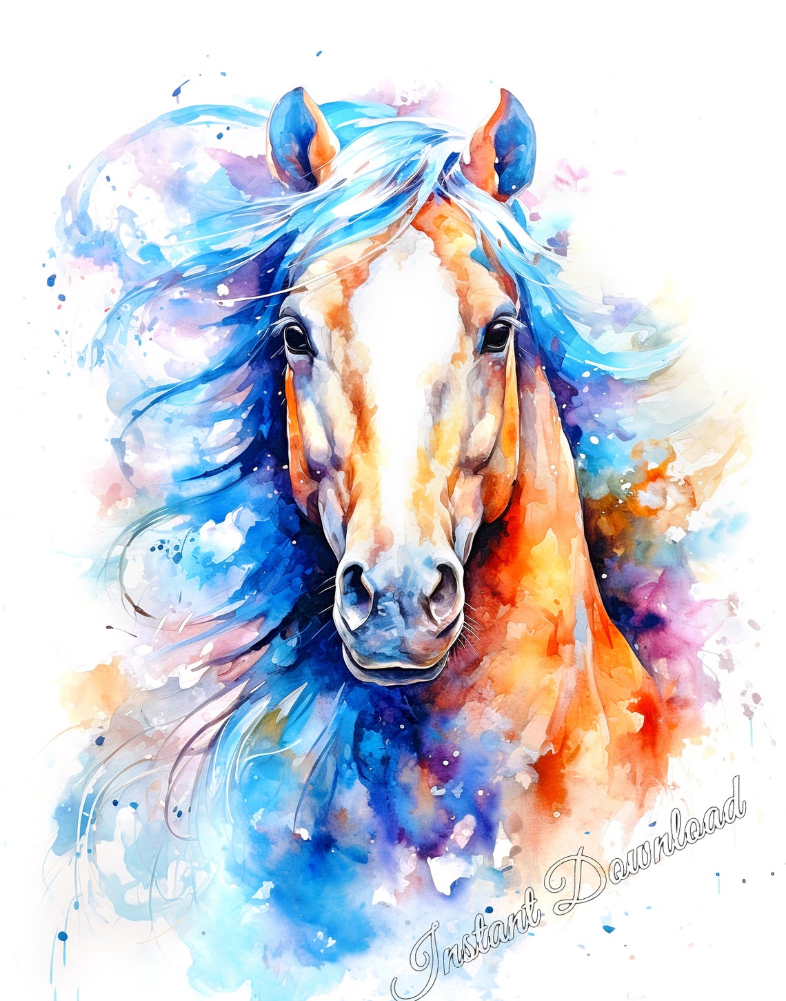 Horse Head In Blue And Orange Watercolor Splash Equine Art Poster - Image 3