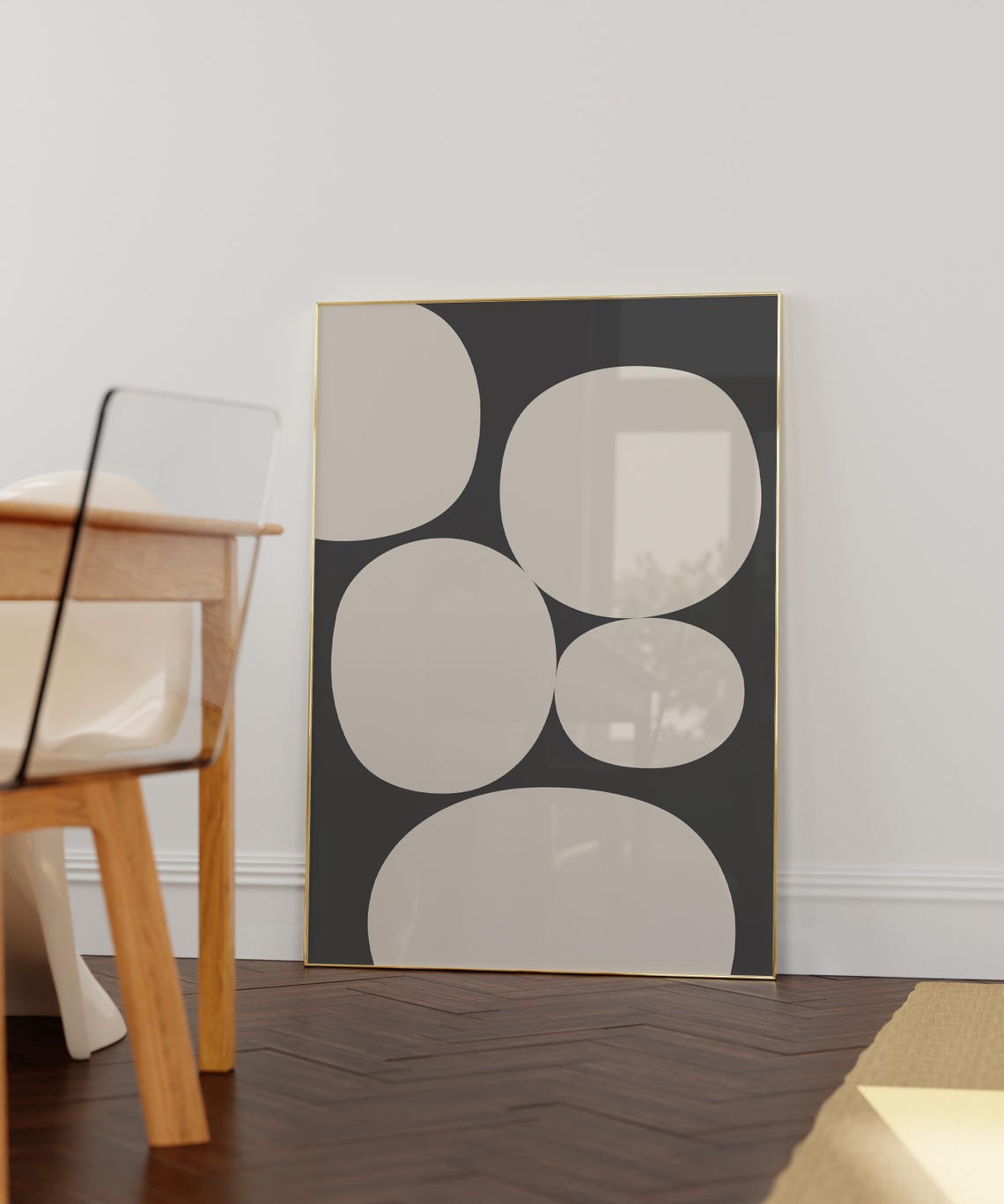 Cream Organic Circles On Charcoal Mid Century Modern Art Poster - Image 3