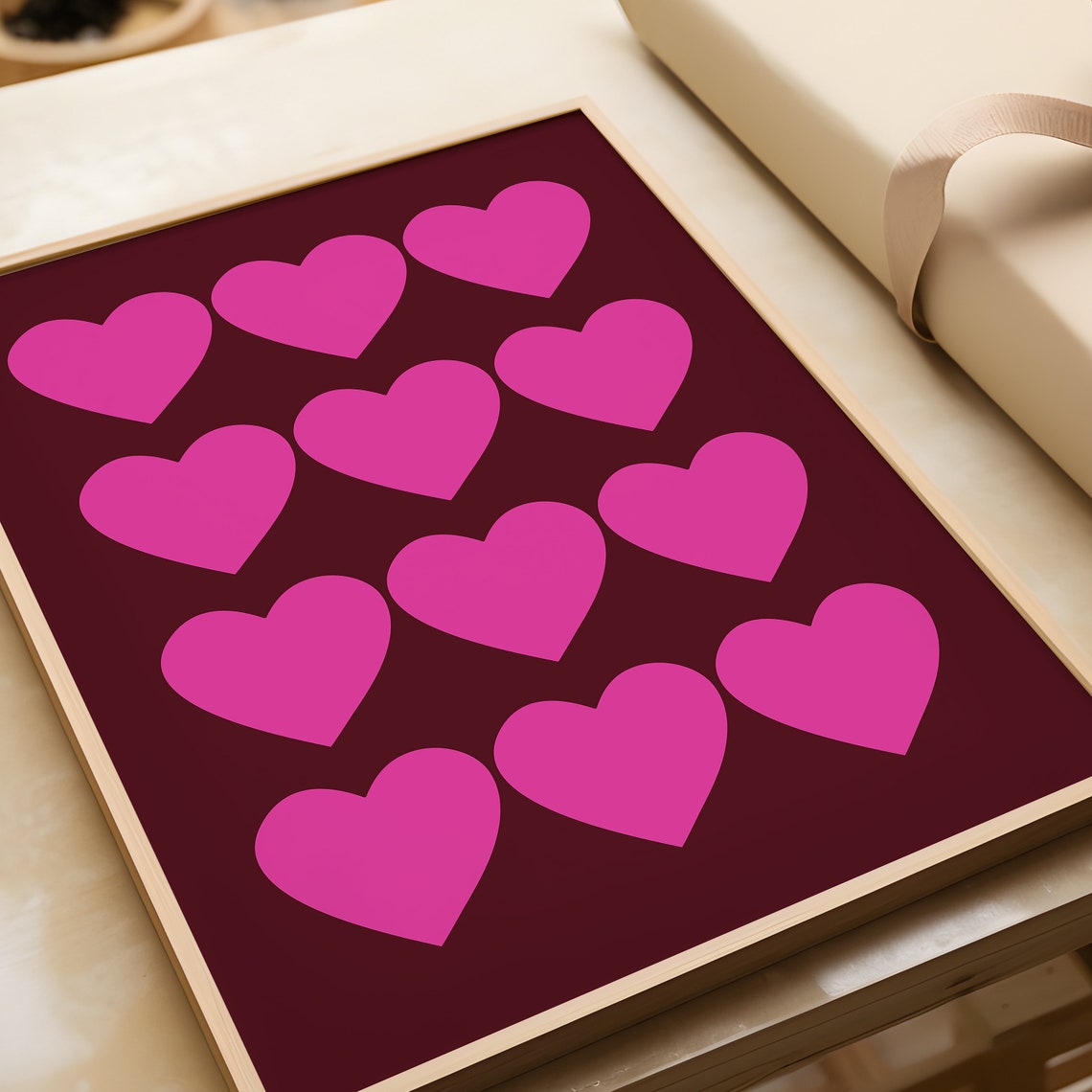 Fuchsia Pink Hearts Dark Red Modern Valentine Scandi Wall Art - Image 2