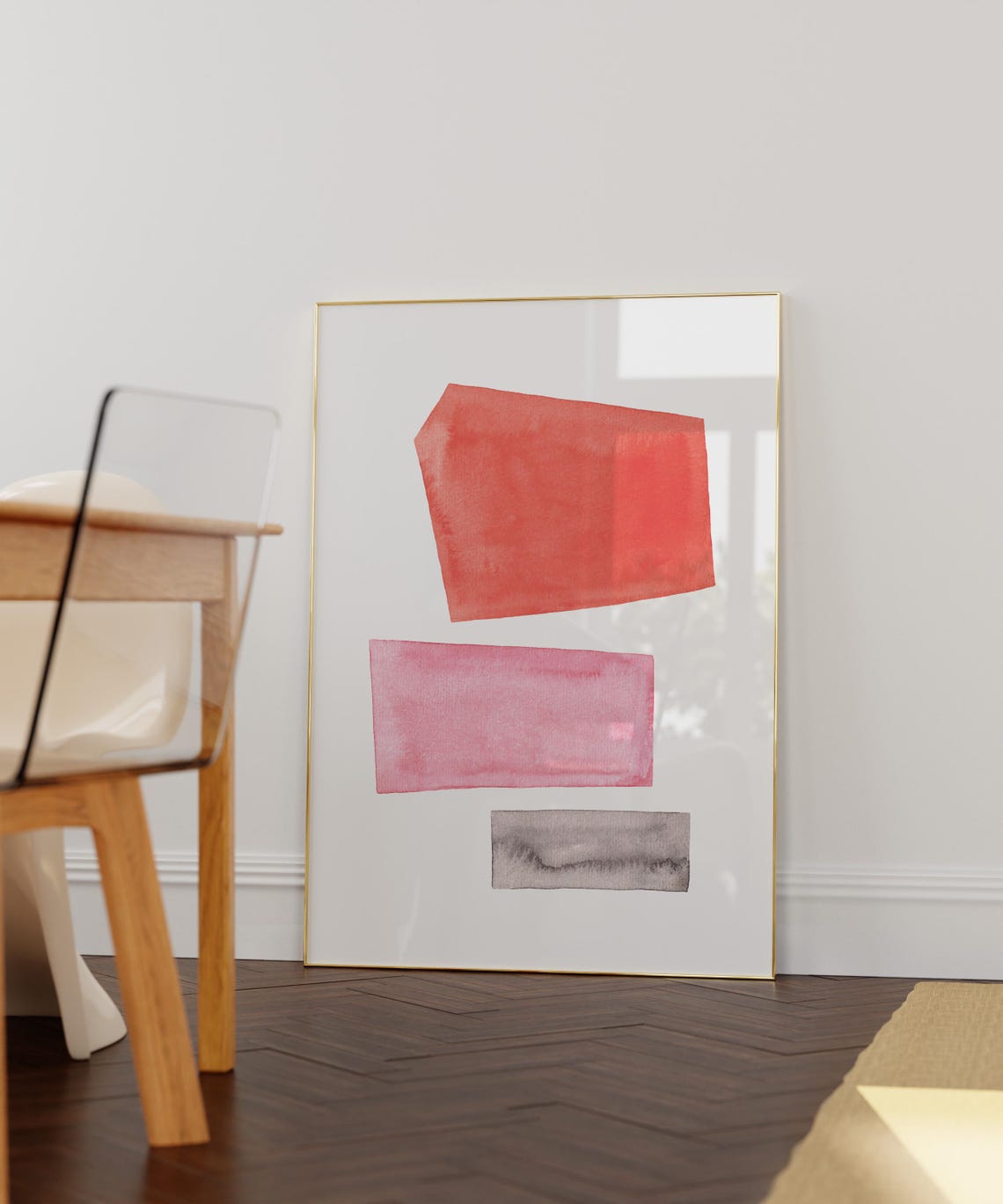 Red Pink Grey Watercolor Geometric Blocks Minimalist Art Poster