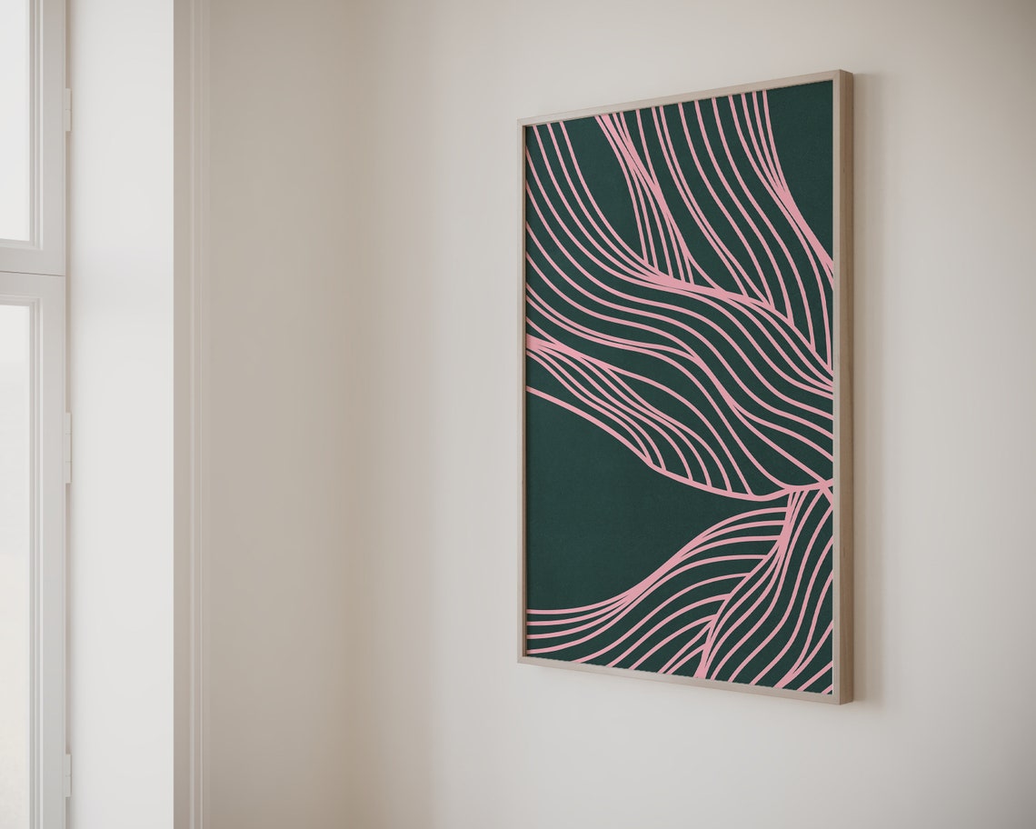 Emerald Pink Flowing Ribbon Lines Organic Modern Abstract Wall Art - Image 2