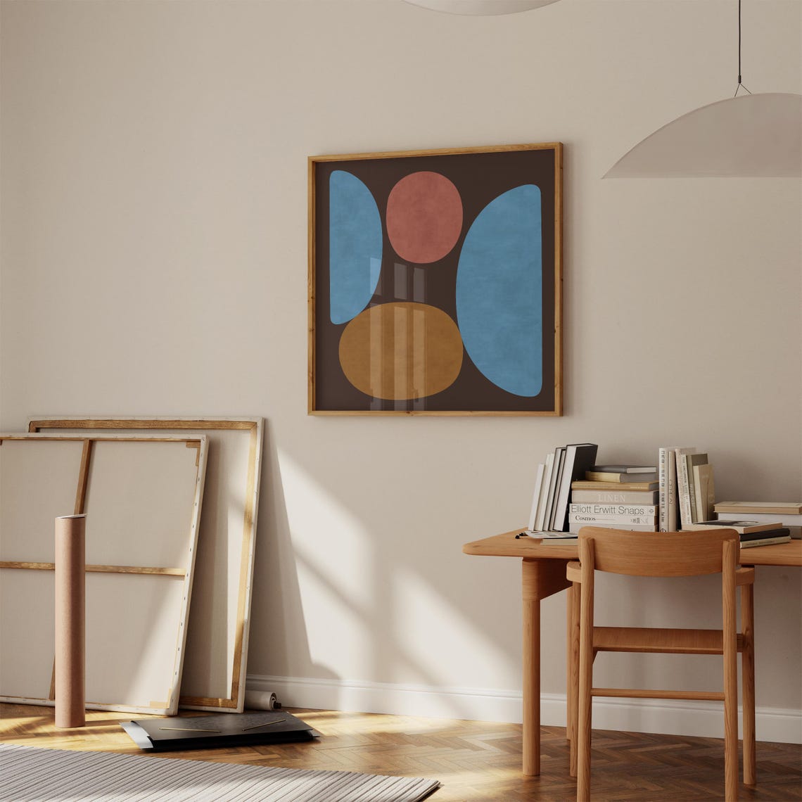 Mid Century Blue Terracotta Organic Shapes Dark Brown Square Poster - Image 2
