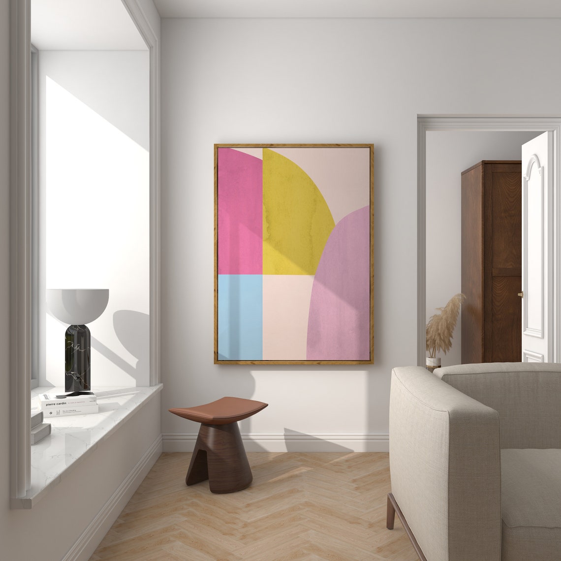 Mid Century Pastel Pink Yellow Arch Geometric Abstract Wall Art - Image 2