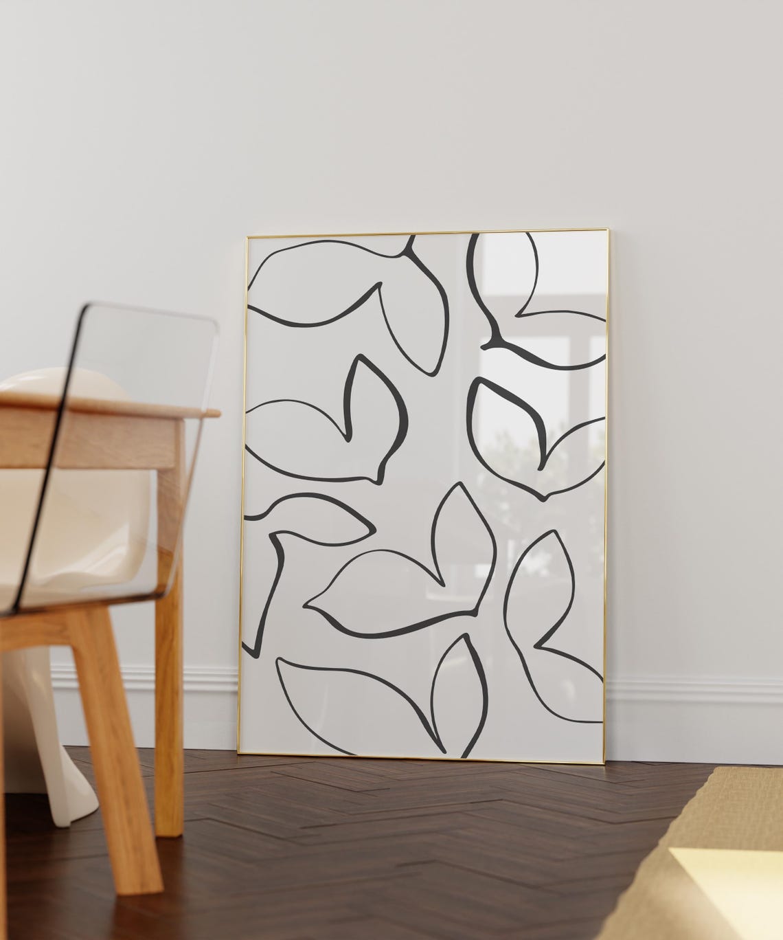 Black Line Large Leaf Outlines Botanical Abstract Art Poster
