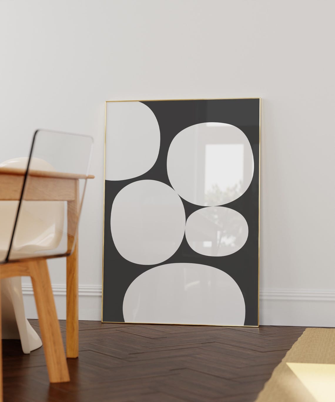 White Organic Circles On Soft Black Mid Century Modern Poster - Image 3