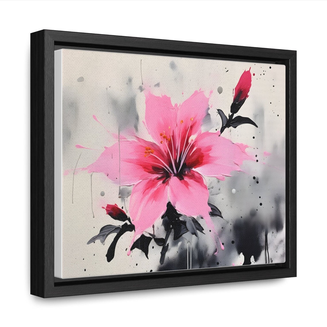 Pink Lily Japanese Ink Flower Splash Dramatic Floral Painting Poster - Image 2