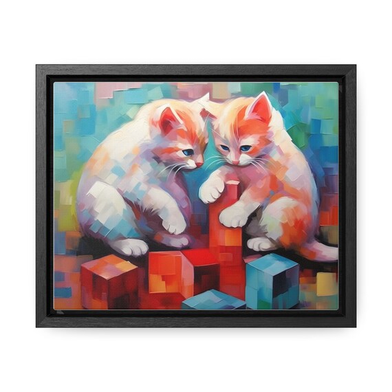 Two Playful Kittens Tussling Over Colorful Toy Blocks Wall Art