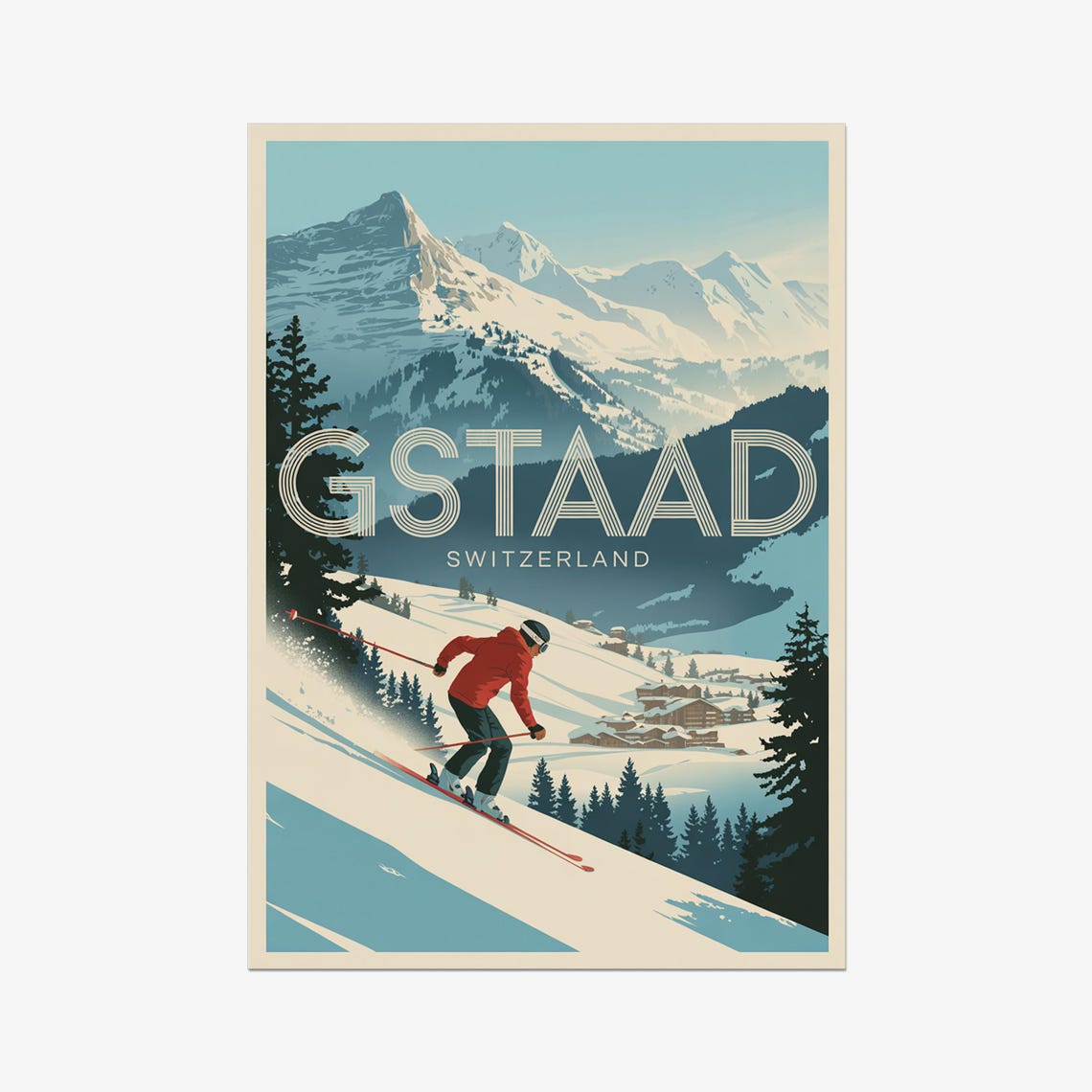 Gstaad Switzerland Vintage Skiing Alpine Mountain Travel Poster