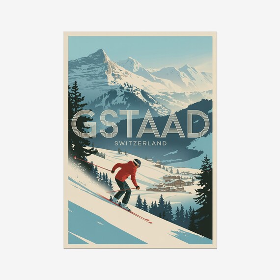 Gstaad Switzerland Vintage Skiing Alpine Mountain Travel Poster
