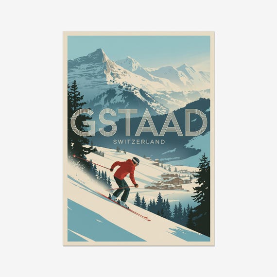 Gstaad Vintage Travel Poster Skiing Switzerland