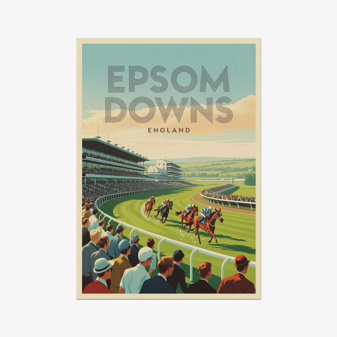 Epsom Downs England Vintage Horse Racing Day Crowd Retro Poster