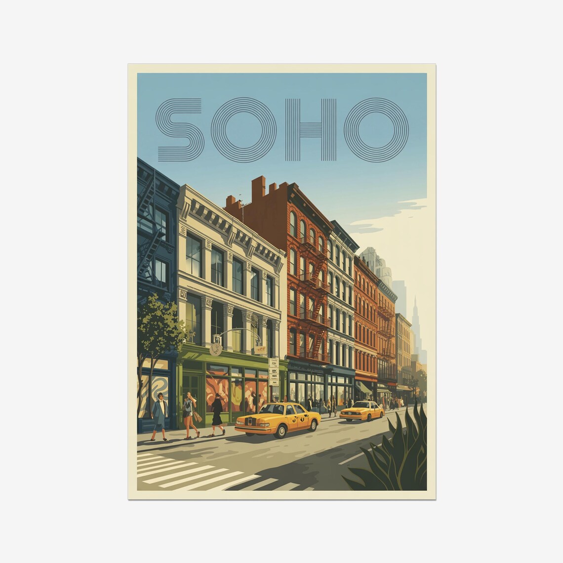 Soho New York City Yellow Cabs Cast Iron Street Vintage Travel Poster
