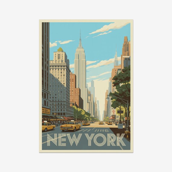 New York Fifth Avenue Yellow Cabs Empire State Vintage Travel Poster