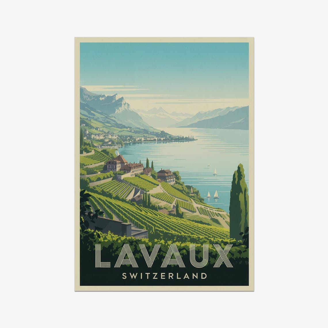 Lavaux Switzerland Terraced Vineyards Lake Vintage Travel Poster