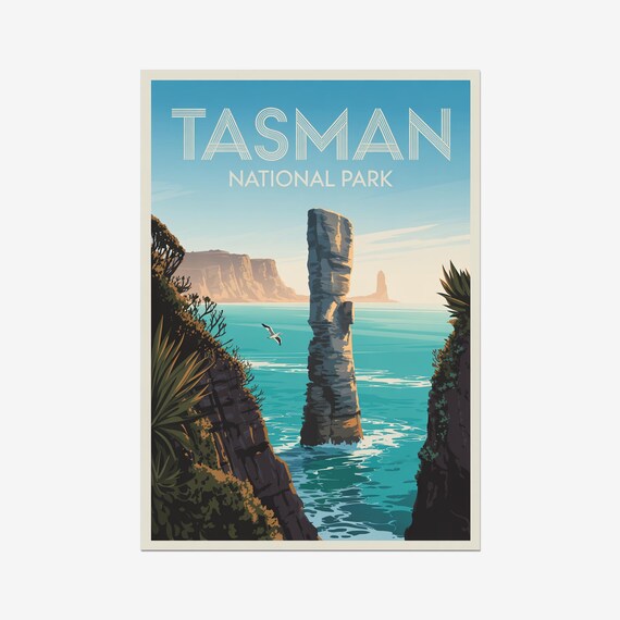 Tasman National Park Sea Stack Cliffs Turquoise Coast Vintage Poster