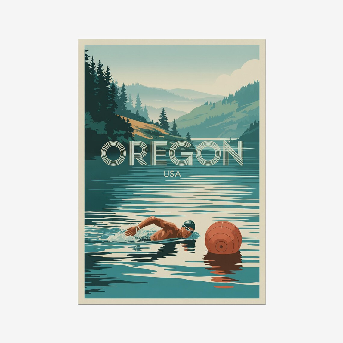 Oregon USA Triathlon Open Water Swimmer Vintage Sports Poster