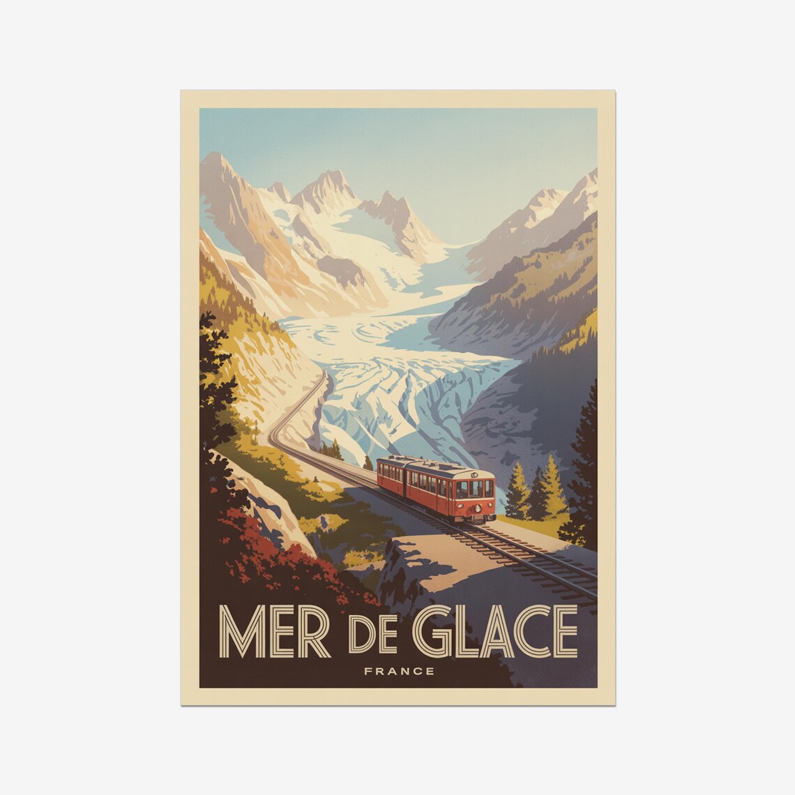 Mer De Glace France Glacier Red Train Vintage Alpine Travel Poster