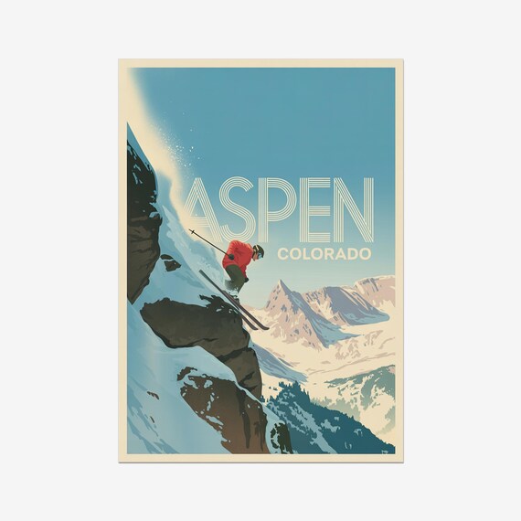 Aspen Colorado Vintage Ski Cliff Jump Skier Mountain Travel Poster