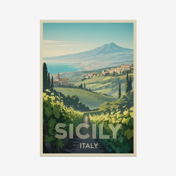 Sicily Italy Vineyards Volcano Coastline Vintage Travel Poster