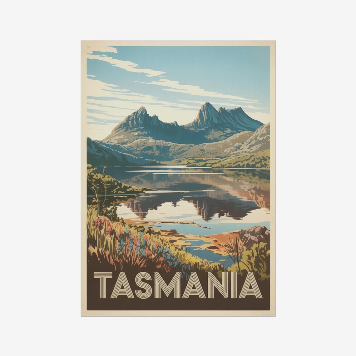 Tasmania Australia Mountain Lake Reflection Vintage Travel Poster