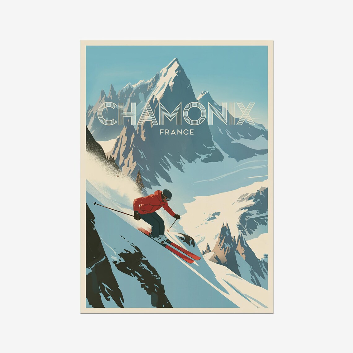 Chamonix Vintage Travel Poster, French Alps Skiing