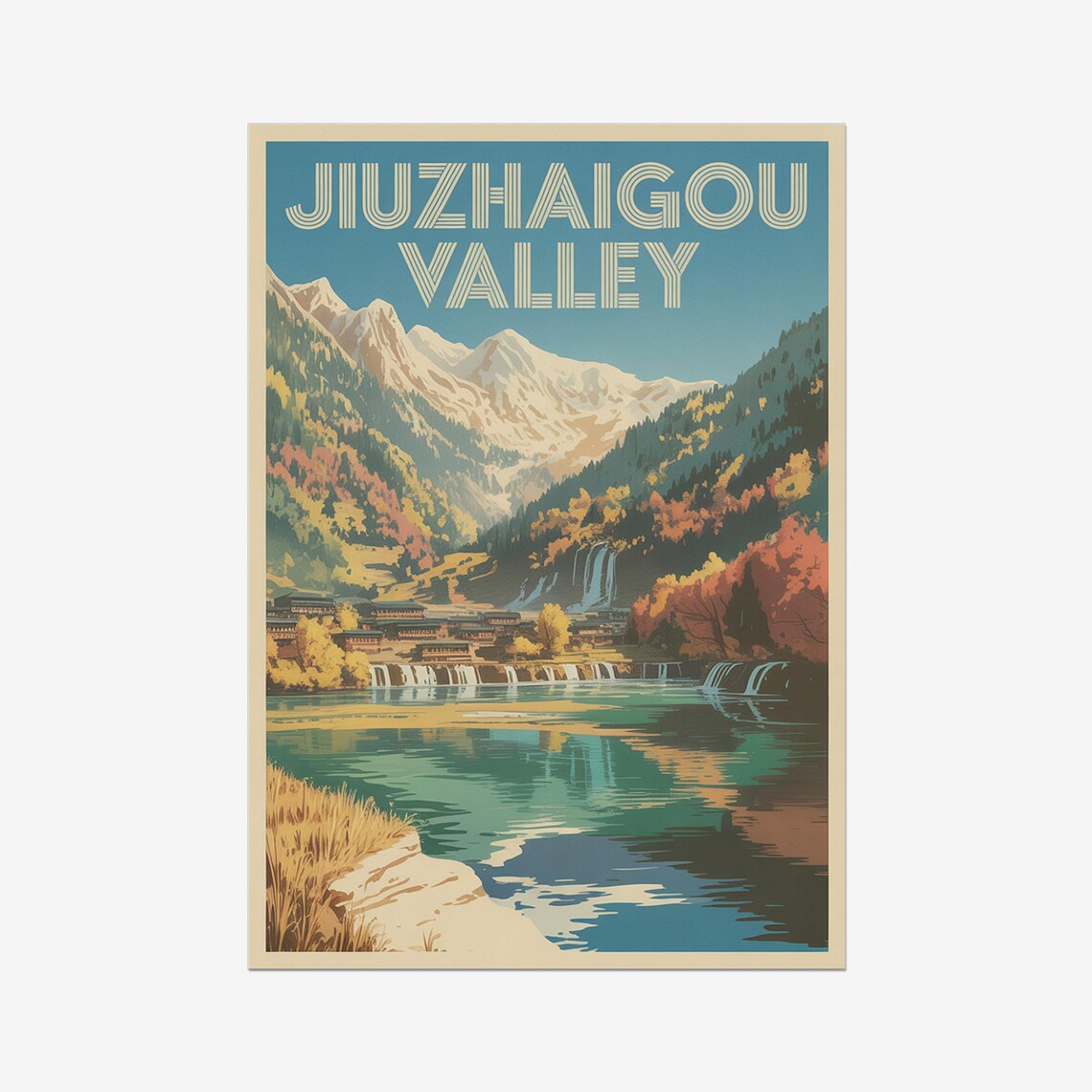 Jiuzhaigou Valley China Waterfalls Autumn Mountains Travel Poster