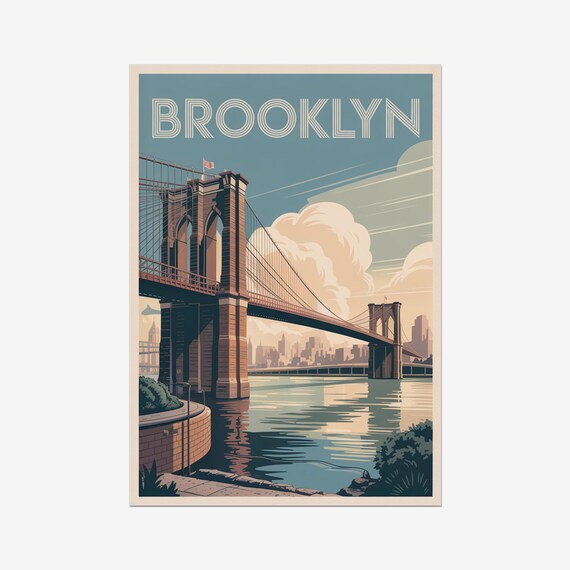 Brooklyn Bridge Vintage Travel Poster Retro New York City Skyline Scene