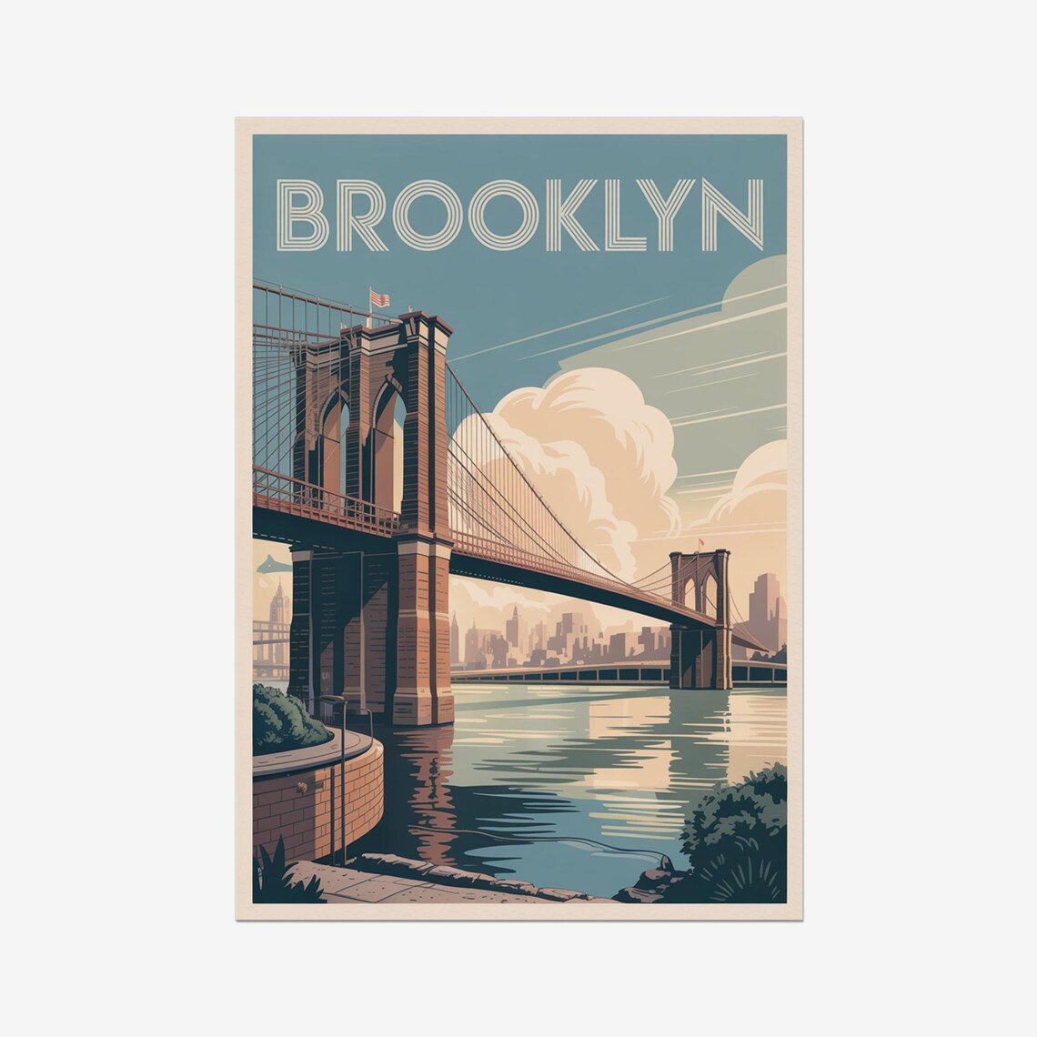 Brooklyn Bridge Vintage Travel Poster Retro New York City Skyline Scene