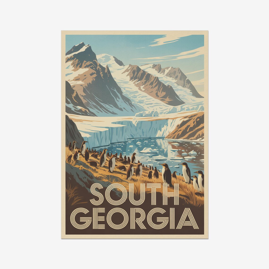 South Georgia Penguin Colony Glacier Mountains Retro Travel Poster