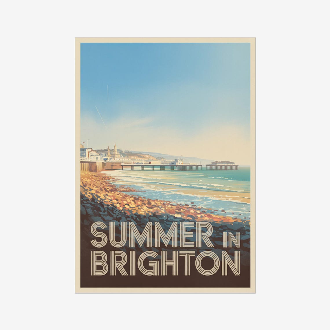 Summer in Brighton Pier and Pebble Beach Vintage Travel Poster