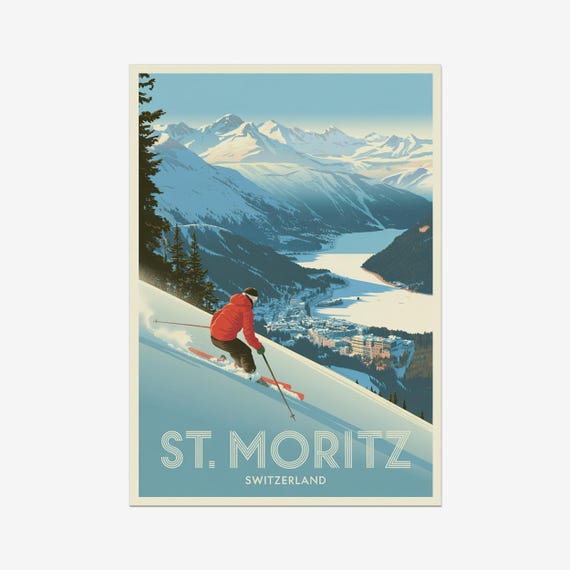 St Moritz Vintage Travel Poster Skiing Switzerland