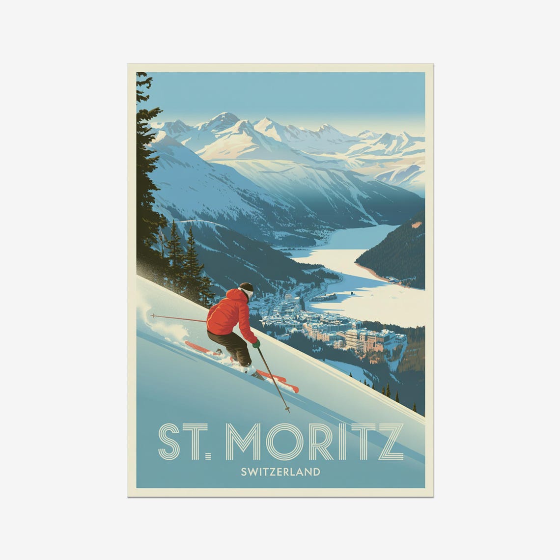 St. Moritz Switzerland Vintage Ski Slope Frozen Lake Travel Poster