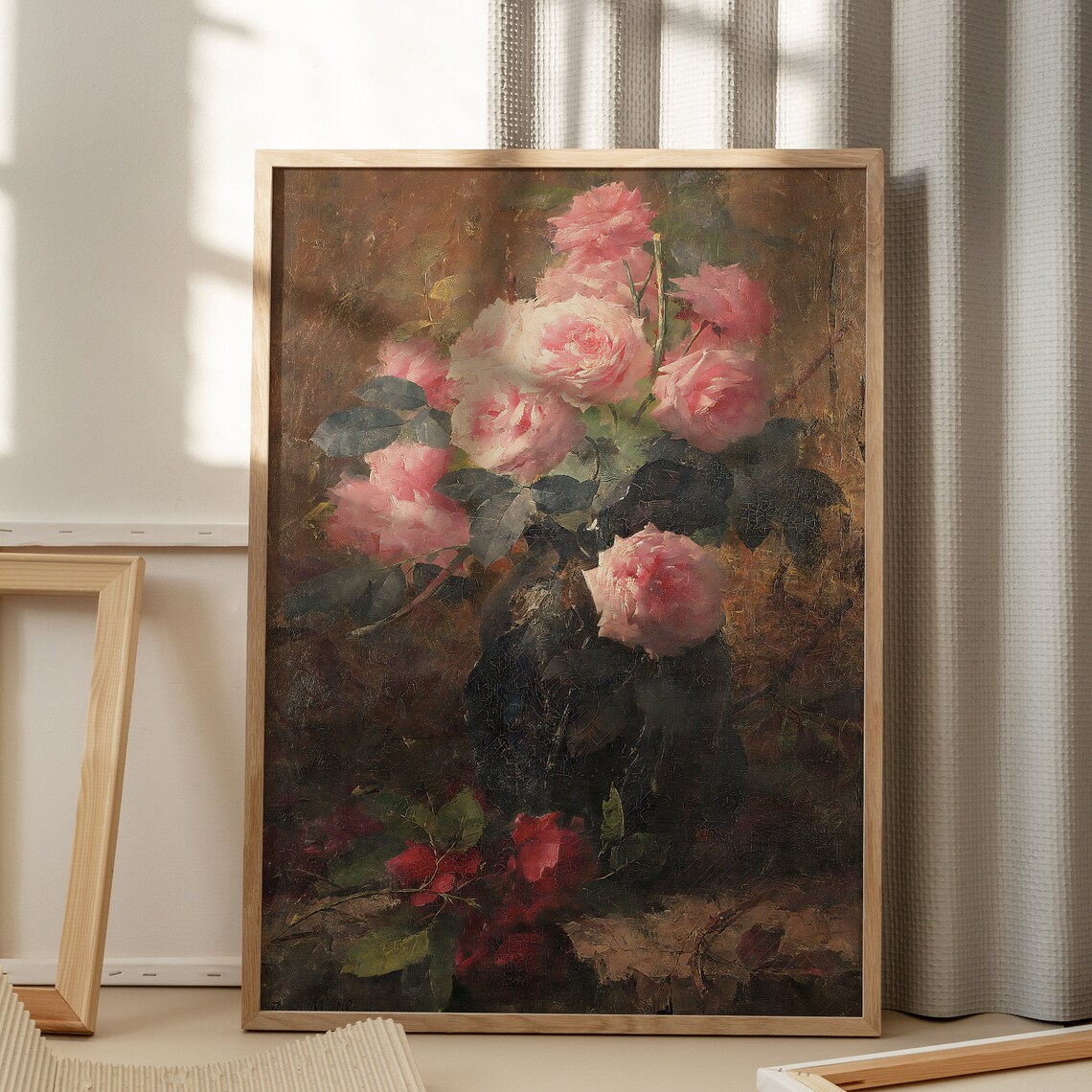 Vintage Pink Rose Still Life Oil Painting Dark Romantic Wall Poster - Image 4