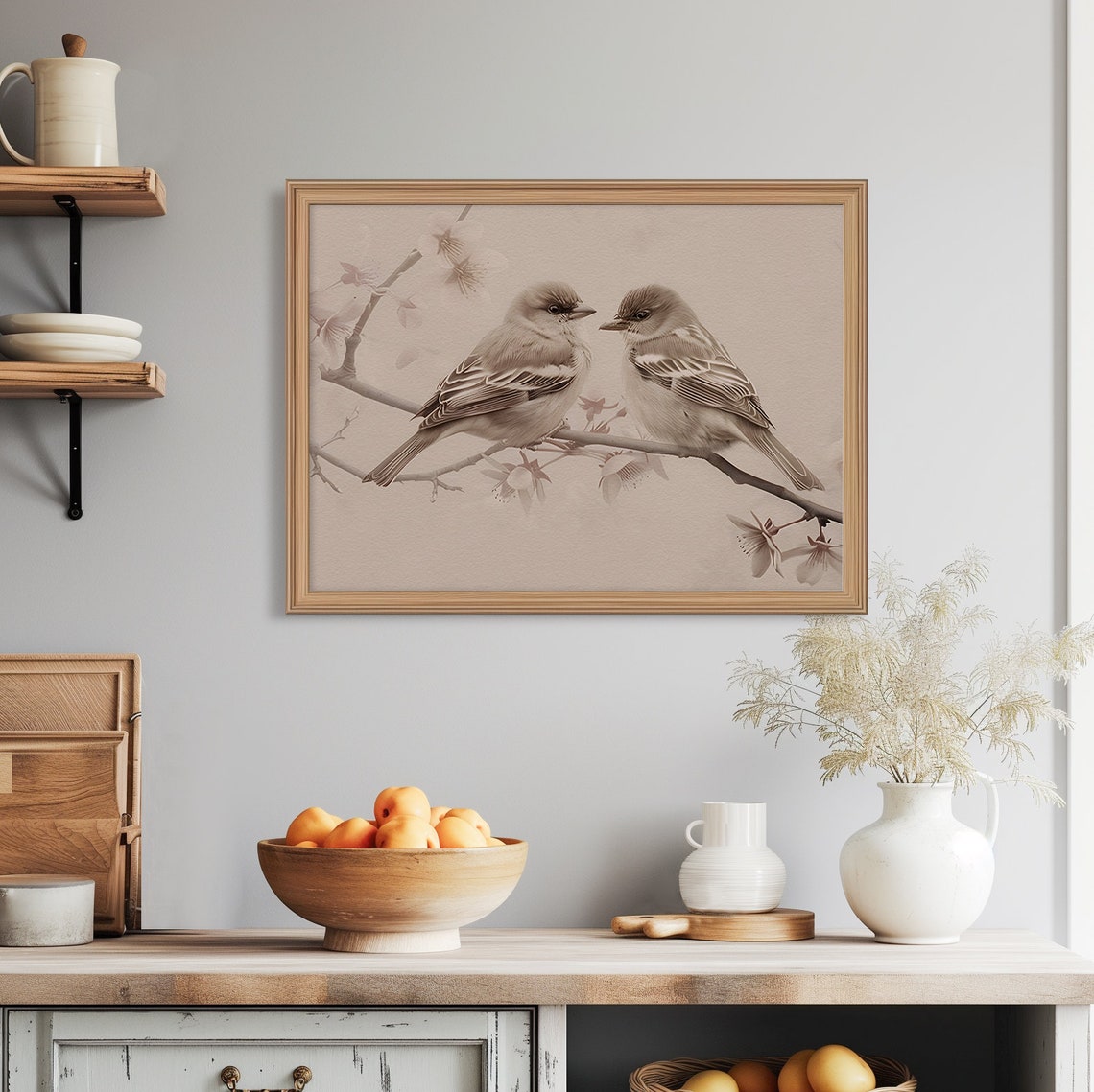 Vintage Lovebird Sketch Pair on Blossom Branch Sepia Wall Poster - Image 5