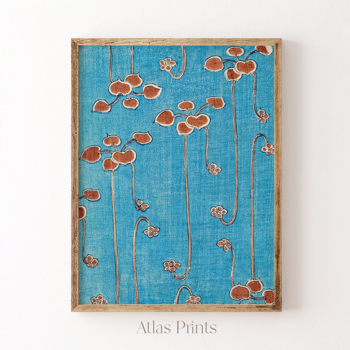 Japanese Woodblock Rust Red Leaves On Blue Vintage Pattern Poster - Image 3