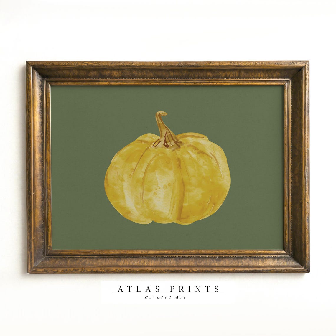 Yellow Pumpkin Watercolor On Sage Green Fall Harvest Art Poster