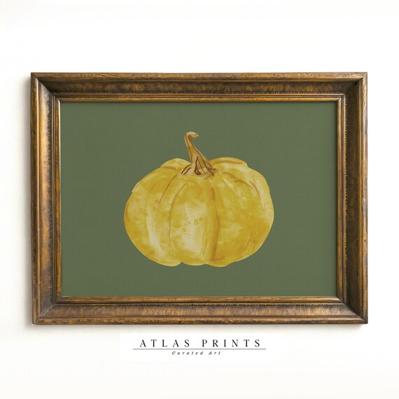 Yellow Pumpkin Watercolor On Sage Green Fall Harvest Art Poster