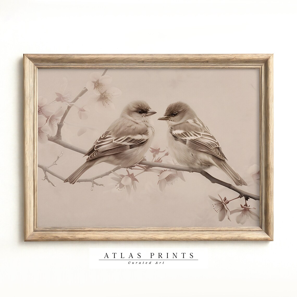 Vintage Lovebird Sketch Pair on Blossom Branch Sepia Wall Poster