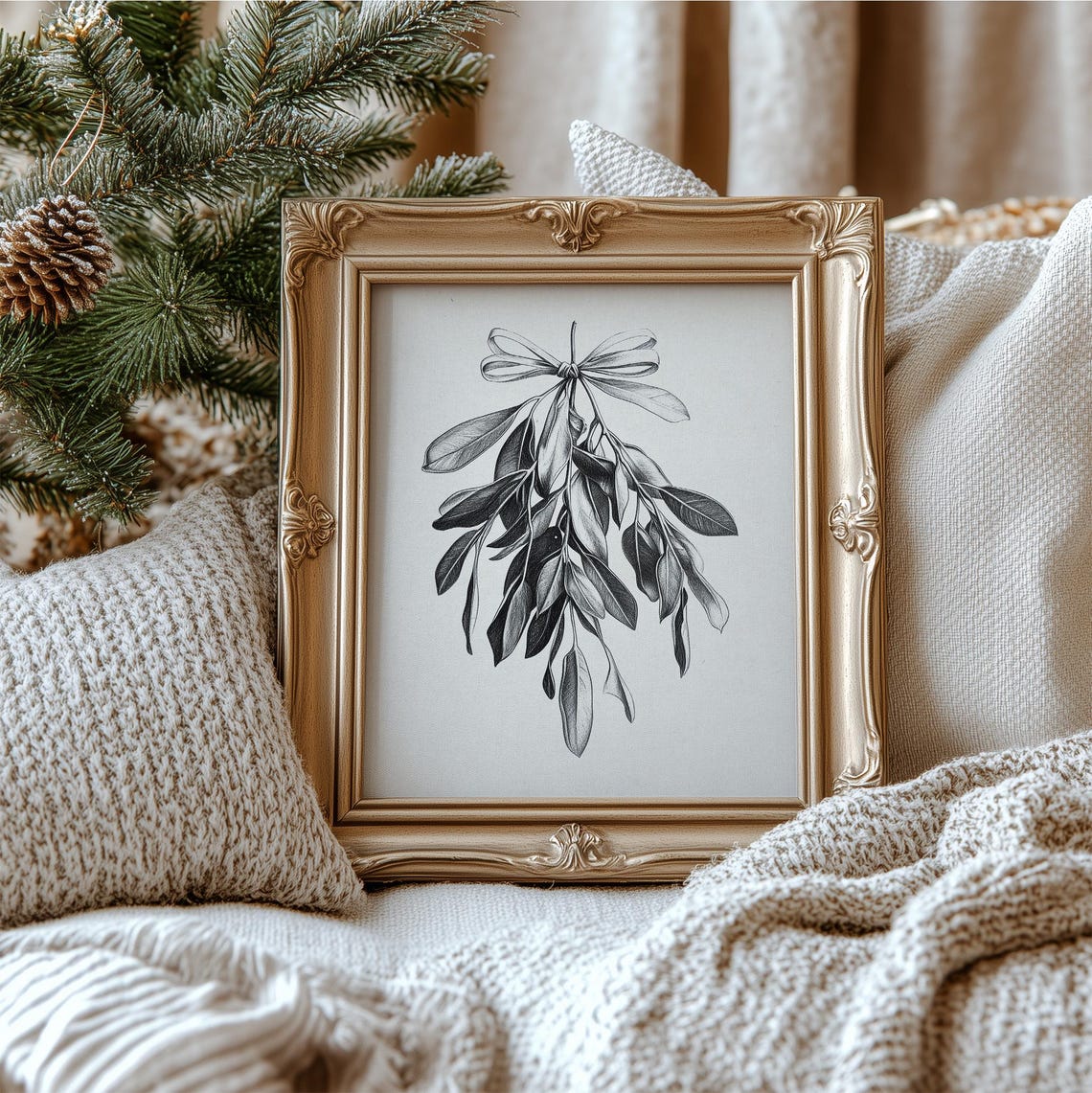 Mistletoe With Ribbon Black And White Botanical Sketch Poster - Image 5