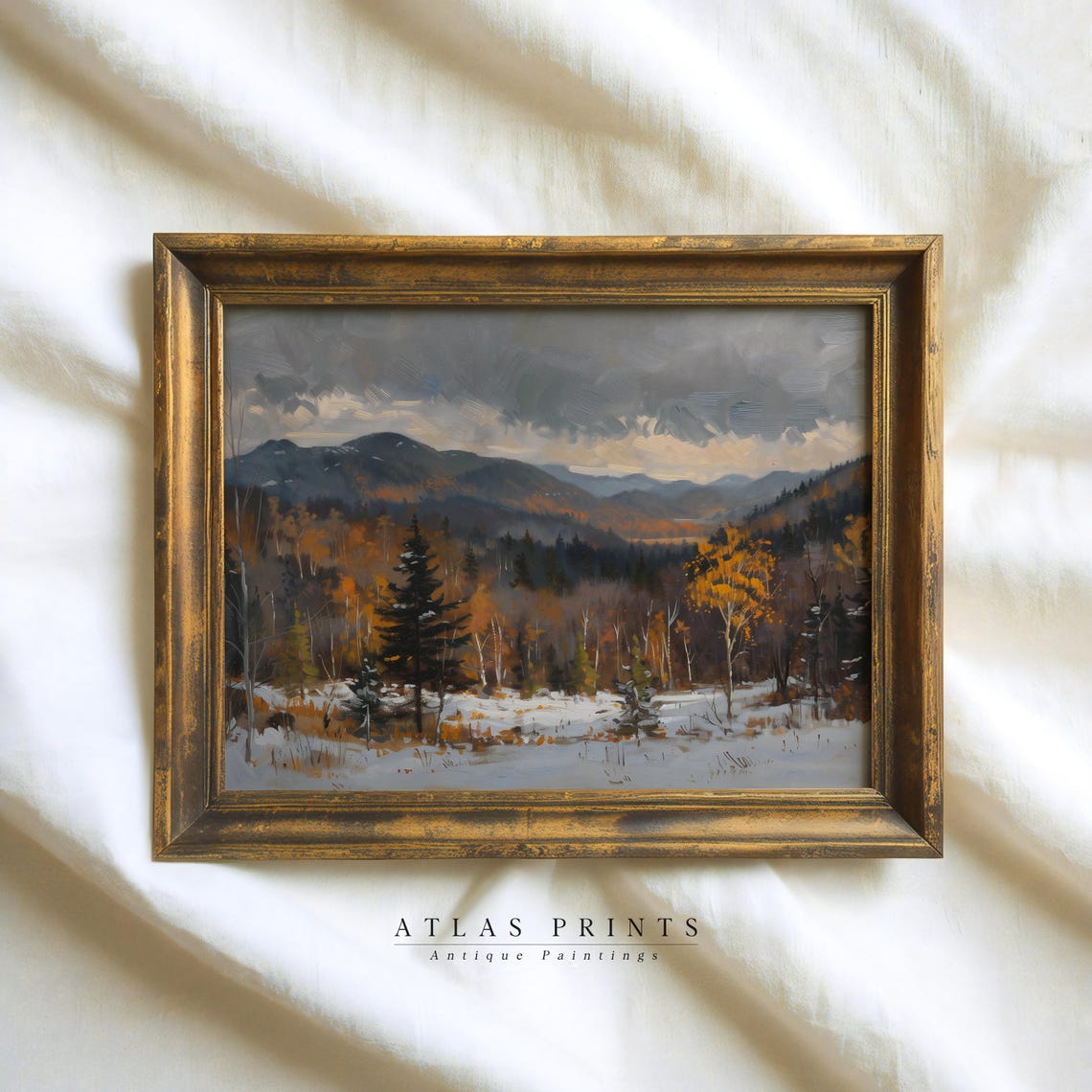 Antique Autumn Mountain Valley Snowfall Landscape Painting Wall Art