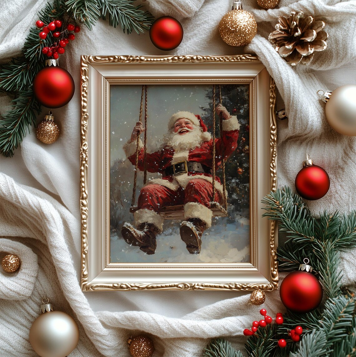 Santa Claus On A Swing In Snowy Night Vintage Christmas Joy Poster - Image 3