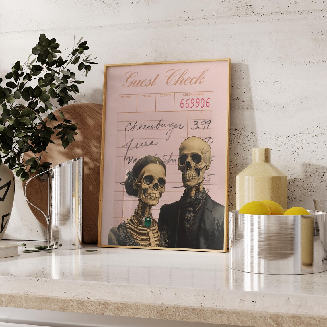 Spooky Skeleton Couple Vintage Guest Check Pink Halloween Dinner Poster - Image 3