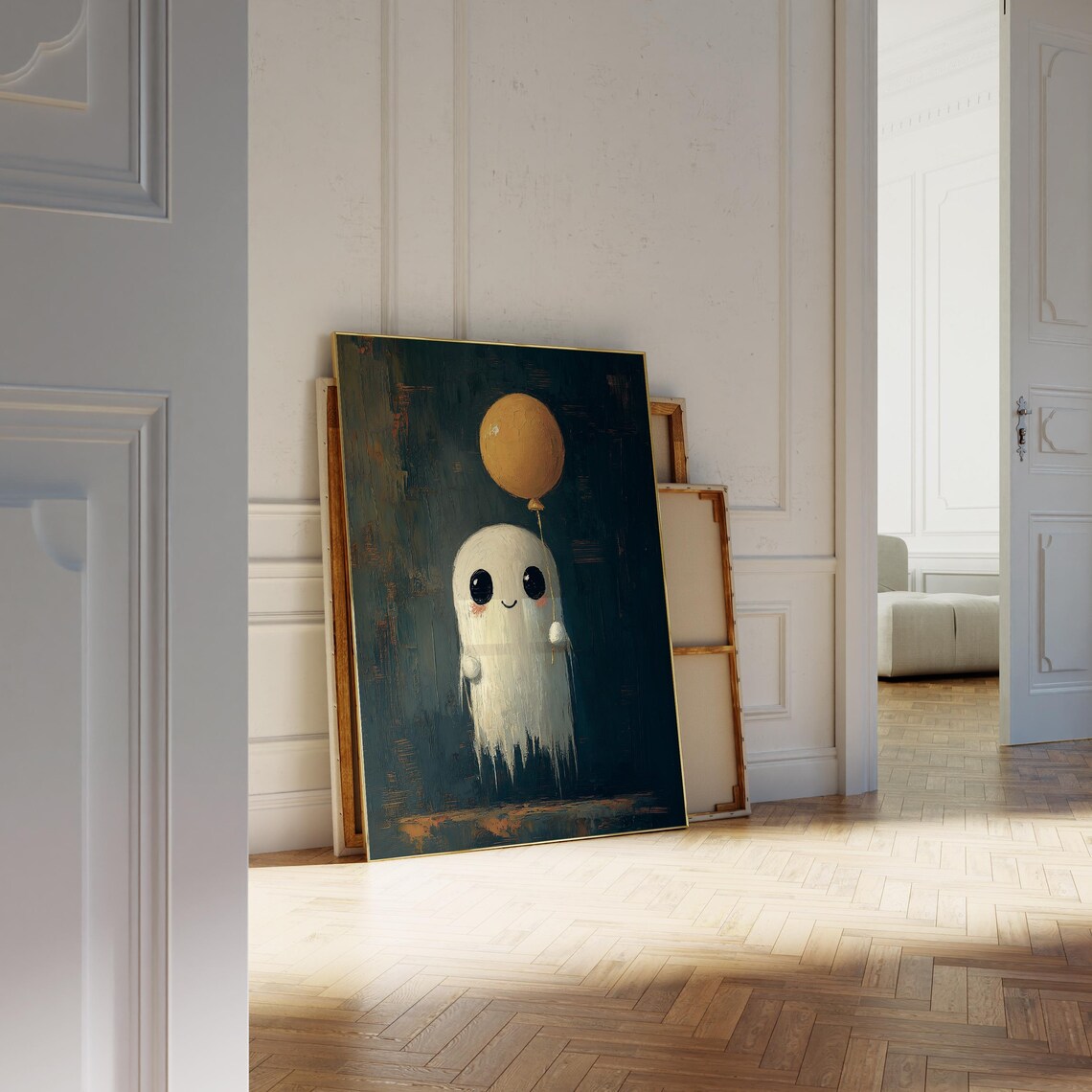 Cute Smiling Ghost Holding Yellow Balloon Dark Vintage Halloween Painting Poster - Image 2